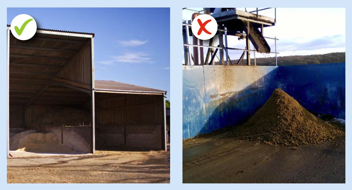 Bedding materials need to be prepared and stored under cover. This is particularly important for recycled manure solids. Image shows example of good and poor ways of storing bedding. Image courtesy and copyright of James Breen BVSc PhD DCHP MRCVS.