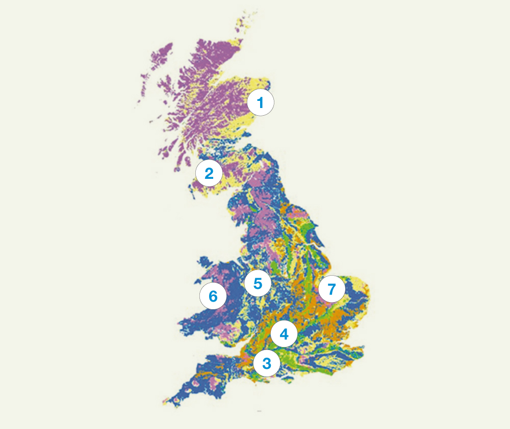 Map of the UK showing the location of seven field experiment sites.