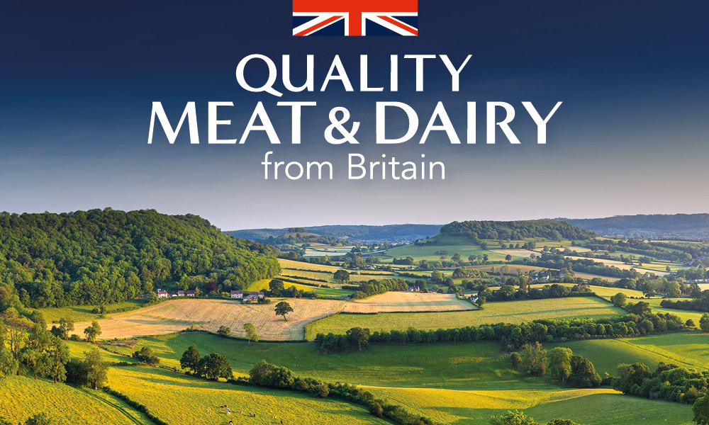 Quality Meat & Dairy logo superimposed on a country landscape