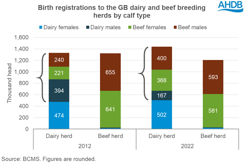 Birth registrations to GB dairy and beef herds by calf type 2012vs2022