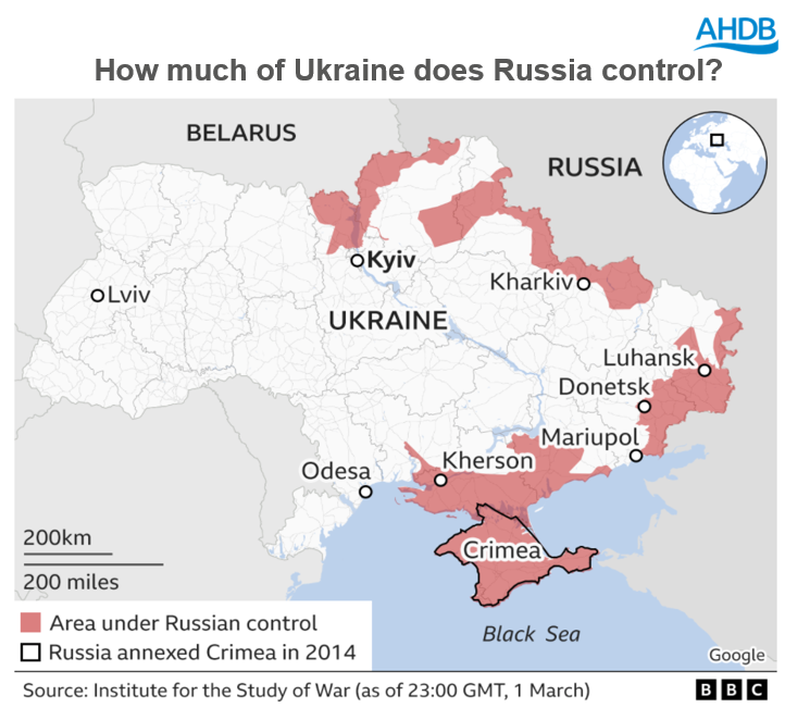 A map showing Russia presence in Ukraine
