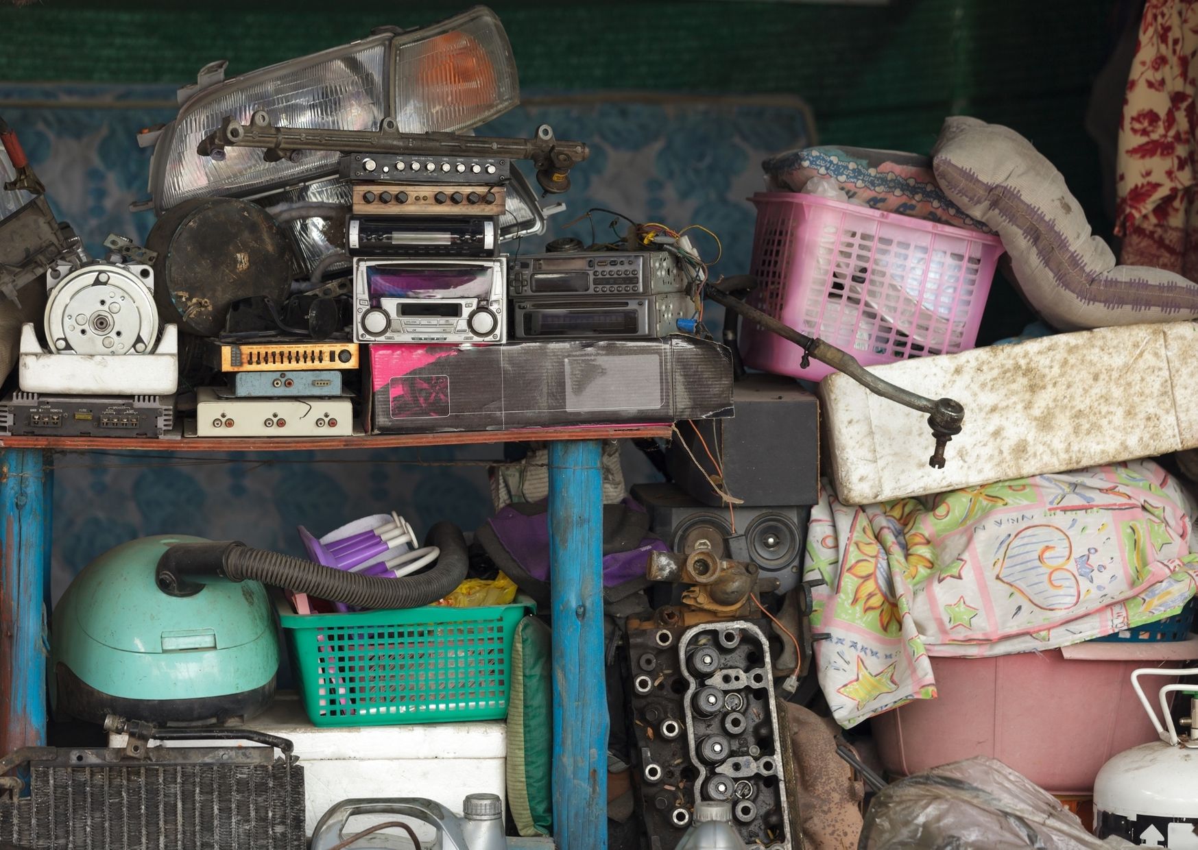 Pile of junk and waste in a shed