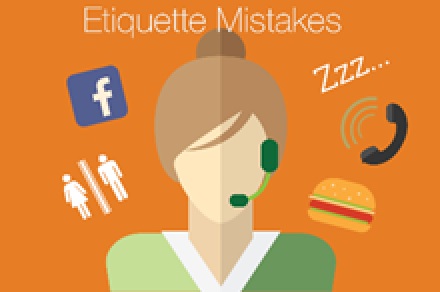 Illustration showing some of the things that can make for poor etiquette when on a video call, such as social media, toilet breaks, other phone calls, eating or lack of focus.