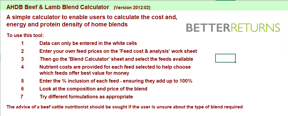 AHDB Beef & Lamb Blend Calculator (Version 2012:02). A simple calculator to enable users to calculat