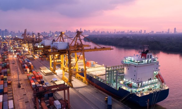A container ship docked at port.