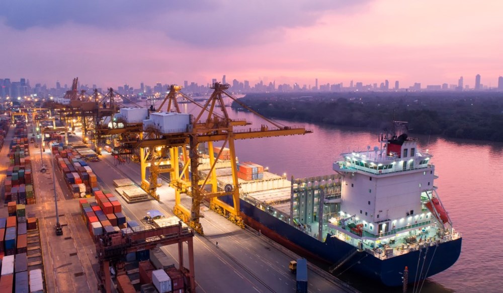 A container ship docked at port.