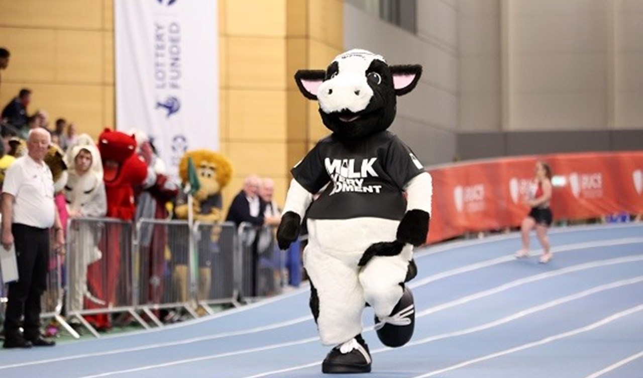 The Milk Every Moment mascot Moovit the Cow running down a track.